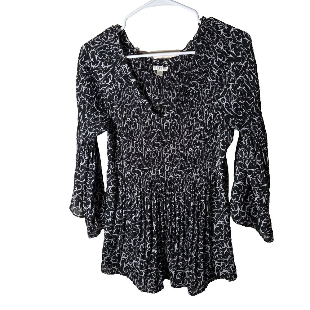 Spense Blouse Women's Medium Black Printed Pleated 3/4 Sleeve Shirt Top